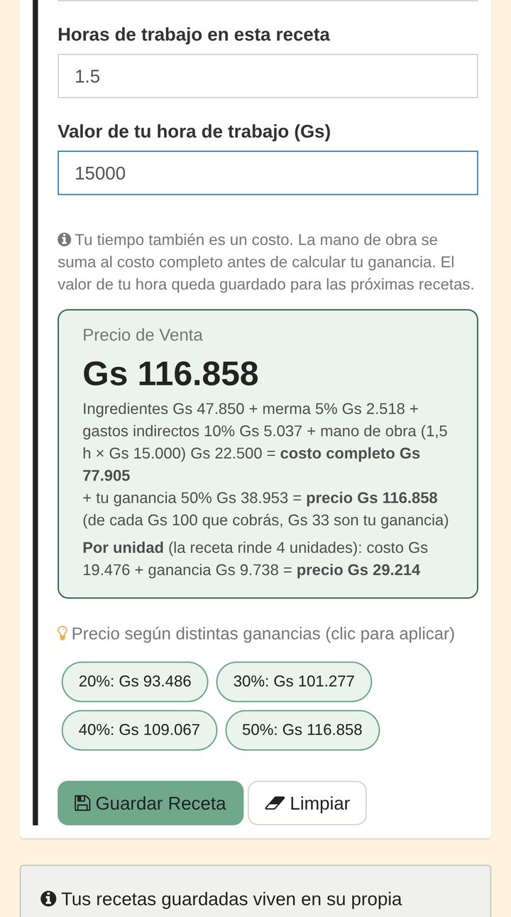 Pantalla de Costeá en el celular: precio de venta de un pan dulce de chocolate, Gs 116.858 la receta y Gs 29.214 por unidad, con el desglose de ingredientes, merma, gastos y mano de obra.